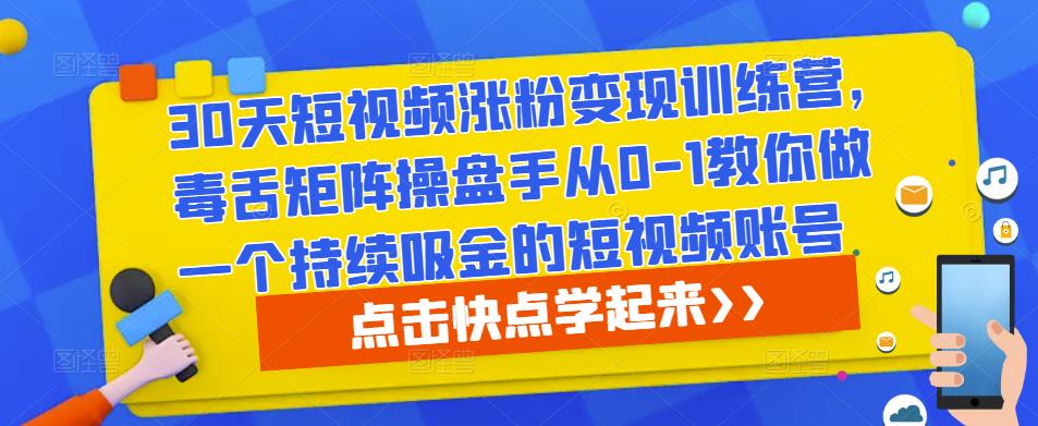 30天短视频涨粉变现训练营，毒舌矩阵操盘手从0-1教你做一个持续吸金的短视频账号-杨大侠副业网