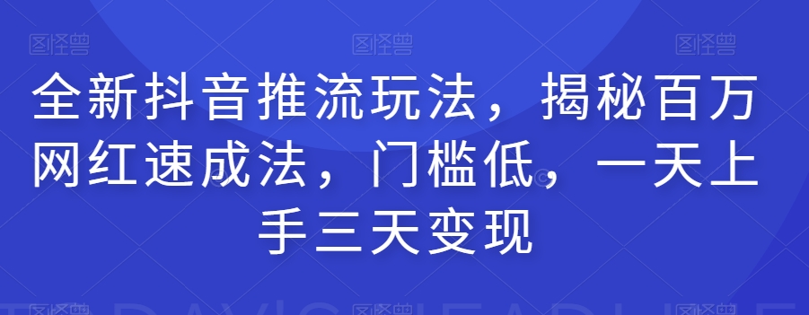 全新抖音推流玩法，揭秘百万网红速成法，门槛低，一天上手三天变现-杨大侠副业网