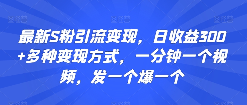 最新S粉引流变现，日收益300+多种变现方式，一分钟一个视频，发一个爆一个【揭秘】-杨大侠副业网